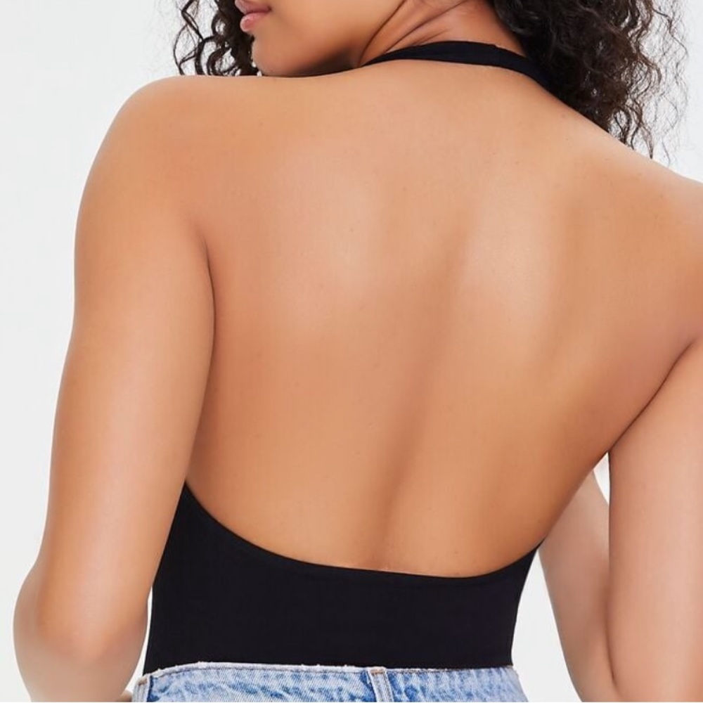 Forever 21 Black Ribbed Seamless Halter Bodysuit Deep V Neck Size Small - Picture 4 of 4